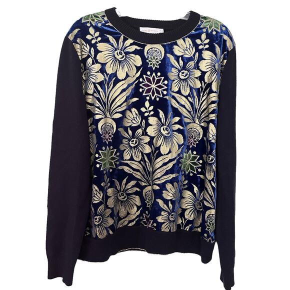 Tory Burch Hollis Floral Foil Print Velvet Front Navy Crewneck Sweater Size XL - Picture 2 of 7